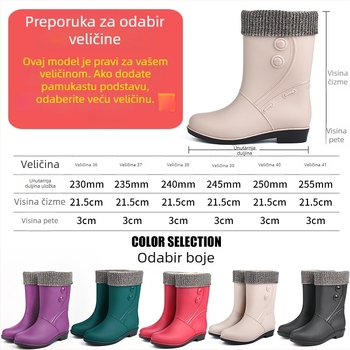 Ženske čizme za kišu od teleće kože, srednja dužina do gležnja, ravna peta, zima