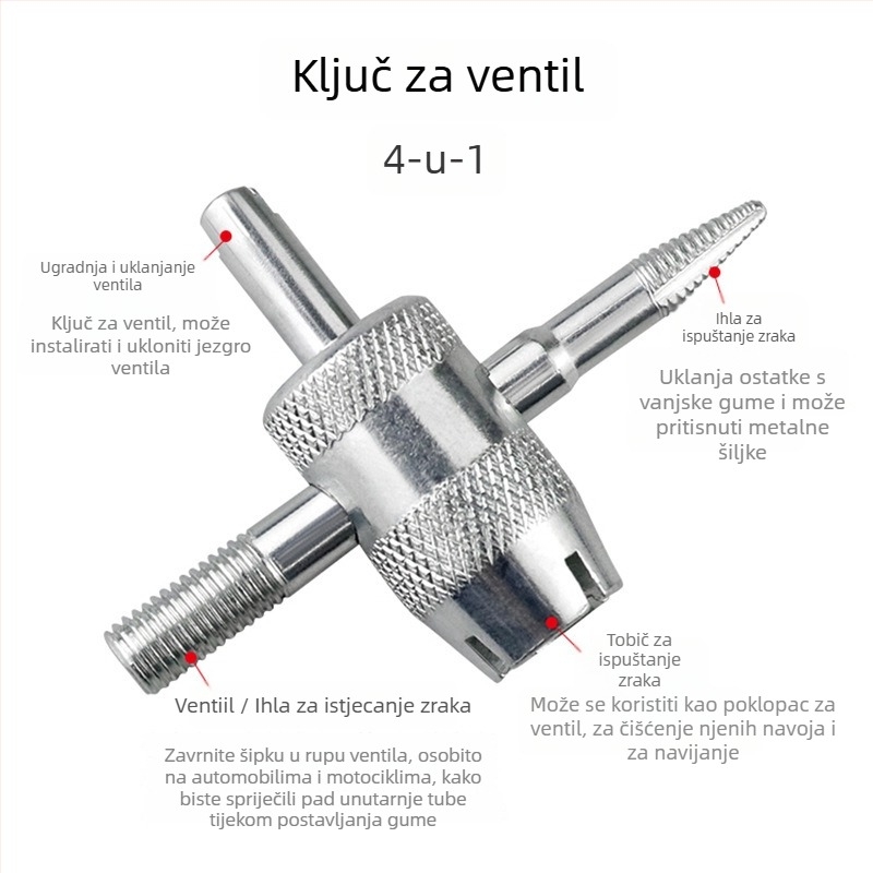 Record Work 4-u-1 alat za ventile pneu s uklanjanjem jezgre ventila – 45# čelik, masa 19 g