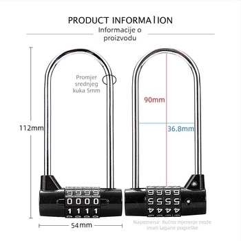 Mehanička kombinacijska brava za ormariće s produženim U-oblikom, četiri cifreni kombinacijski mehanizam, model 800151-L, cinkova zlitina