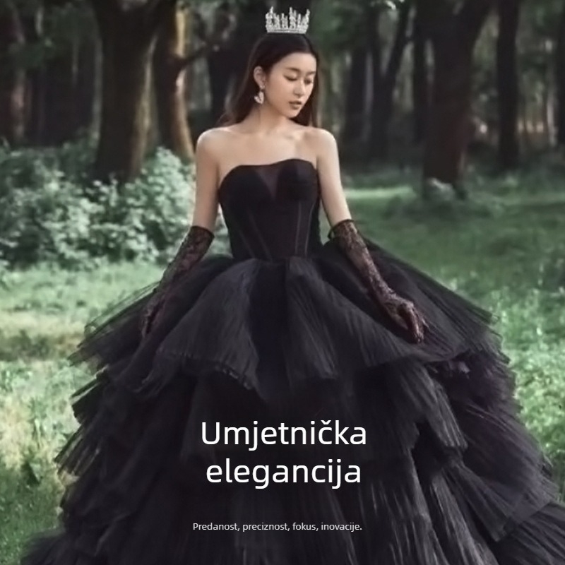 Vjenčana haljina bez naramenica, duga suknja, visok struk, poliesterska tkanina