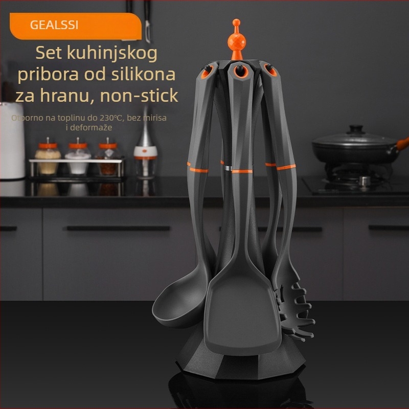Sedmeročlani set silikonih žlica i spatula za neprijanjajuće kuhanje, materijali najlon i silikon, drške od silikona, otporan na visoke temperature