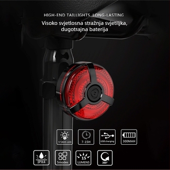 Zadnja svjetiljka za bicikl s USB punjenjem, montiranje remenom, 400 mAh baterija, Micro-USB punjenje, noćna vožnja