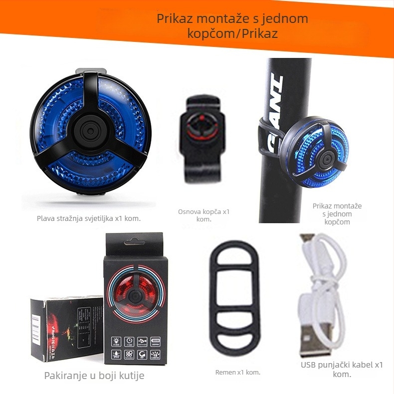 Zadnja svjetiljka za bicikl s USB punjenjem, montiranje remenom, 400 mAh baterija, Micro-USB punjenje, noćna vožnja