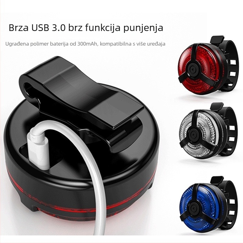 Zadnja svjetiljka za bicikl s USB punjenjem, montiranje remenom, 400 mAh baterija, Micro-USB punjenje, noćna vožnja