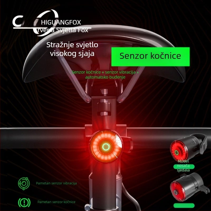 Nova pametna stražnja svjetiljka za bicikl s dvostrukim nosačem, Type-C punjenje, vodootporna, senzor vibracija, upozorenje za noćnu vožnju (Brand: Red Light Fox; Importirano: Ne; Privatne marke: Da)