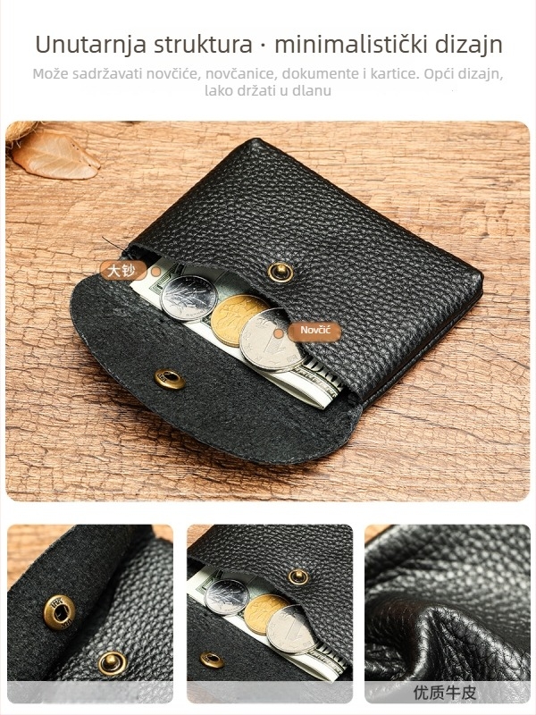 Kožni novčanik za novčiće, unisex, s jednim preklopom, vrhunska koža (top-grain), podstava poliester-bavlna