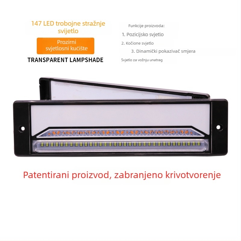 LED stražnje svjetlo za teška vozila — trobojni svjetlosni vodič, 147 LED, model YLF-008/YLF-009, 2835SMD, 12-30V, 3W