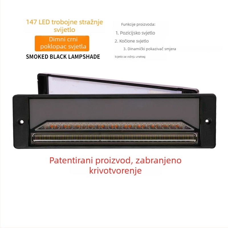 LED stražnje svjetlo za teška vozila — trobojni svjetlosni vodič, 147 LED, model YLF-008/YLF-009, 2835SMD, 12-30V, 3W