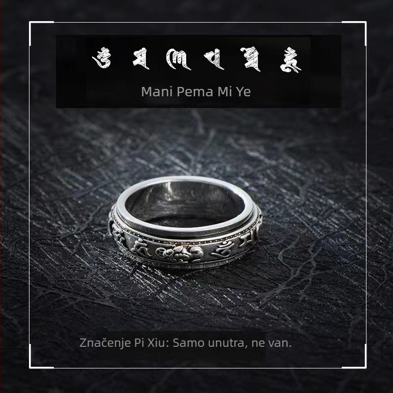 Retro Pixiu prsten s crnim premazom, šestznakovom mantrou, unisex, rotirajući, zatvoren dizajn, personalizirana kreativna bižuterija za opuštanje