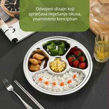 Dječji okrugli tanjur od nehrđajućeg čelika s tri odjeljka, sigurni za mikrovalnu, mogućnost ispisa logotipa i prilagodbe