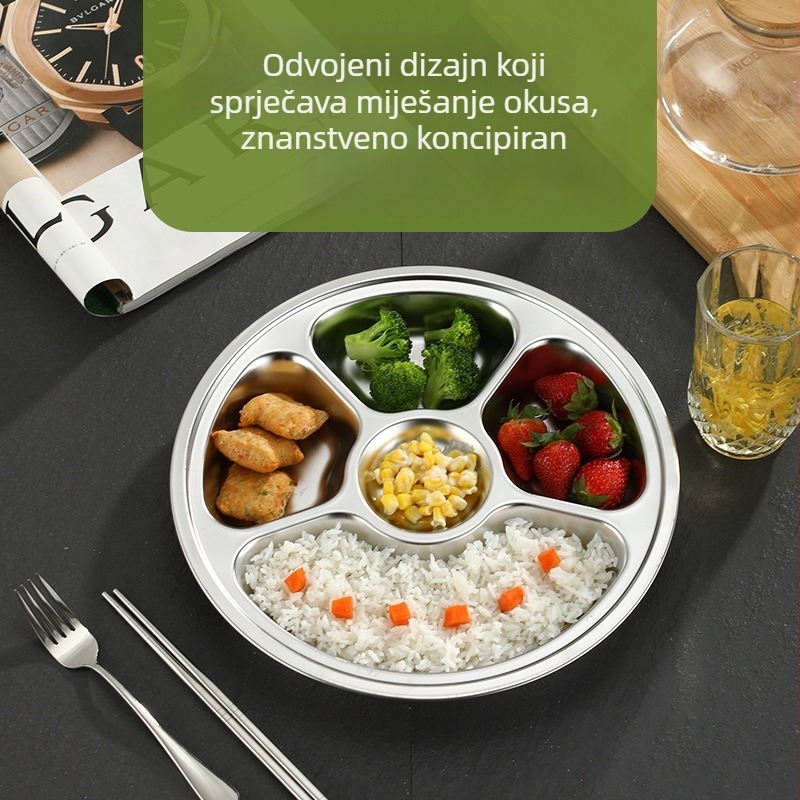 Dječji okrugli tanjur od nehrđajućeg čelika s tri odjeljka, sigurni za mikrovalnu, mogućnost ispisa logotipa i prilagodbe