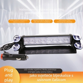 Automobilsko upozoravajuće LED svjetlo s 8 LED, crveno-plavo, s usisnim držačem za prednje staklo