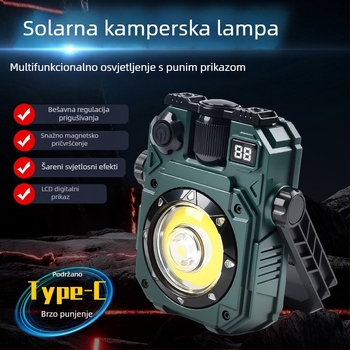 Solarna kamping svjetiljka, Type-C punjenje, magnetska COB LED radna svjetiljka, baterija 3600mAh, rotacija 360°