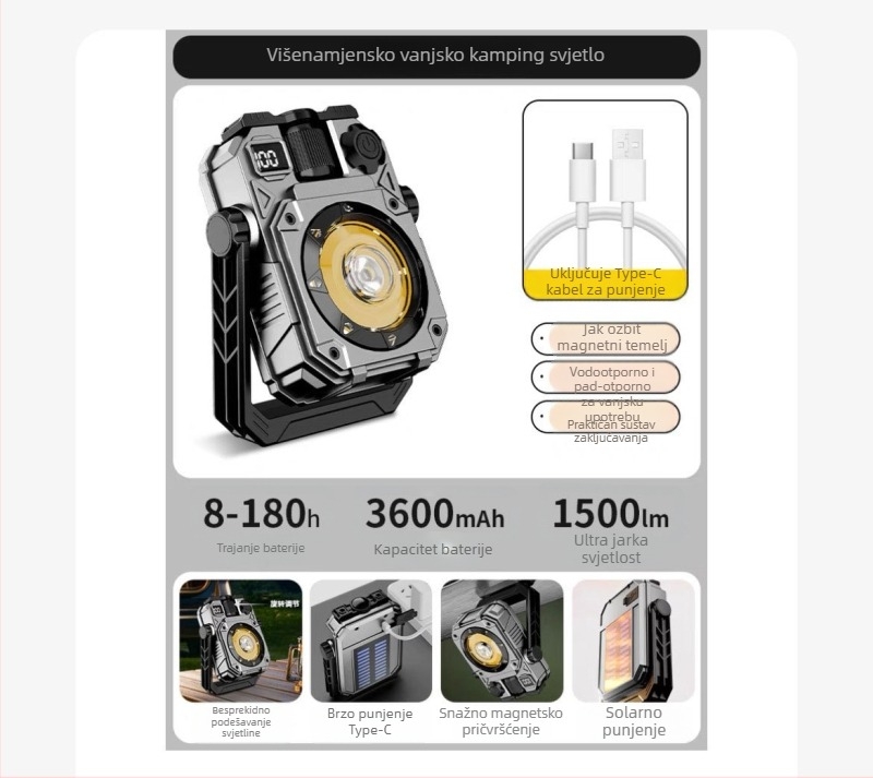 Solarna kamping svjetiljka, Type-C punjenje, magnetska COB LED radna svjetiljka, baterija 3600mAh, rotacija 360°