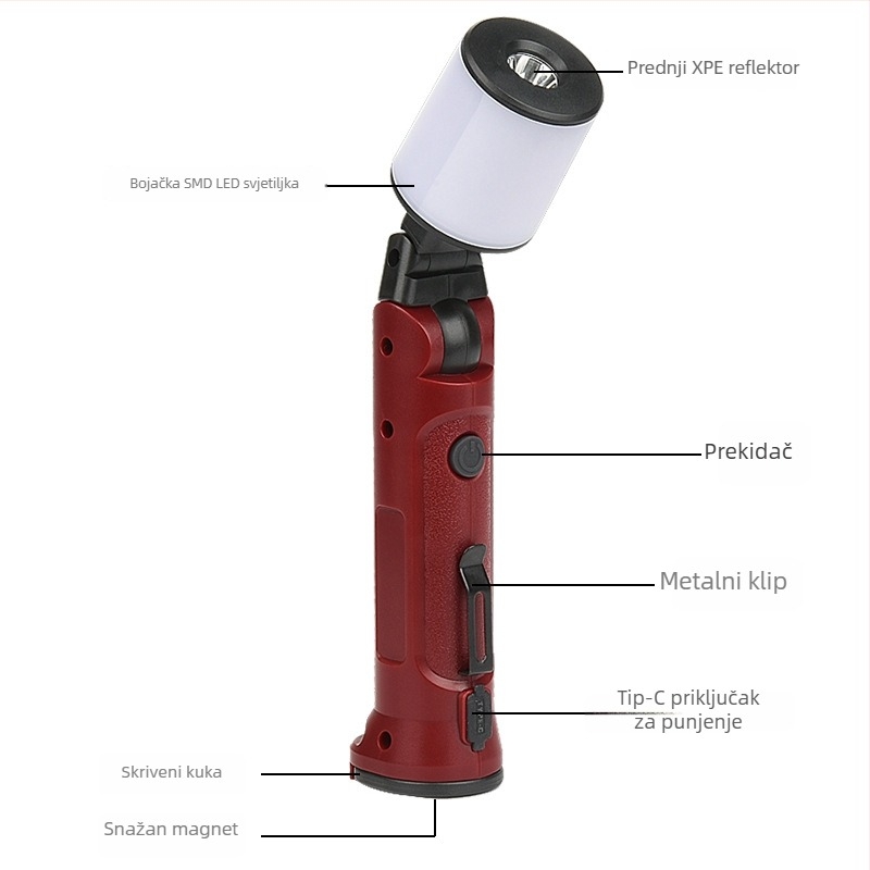 Magnetska punjiva LED svjetiljka s prilagodljivim kutem – za kampiranje i višenamjensko radno svjetlo, 360° rotacija, 10W, 1200mAh