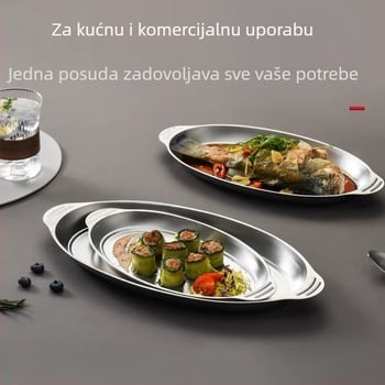 Ploča za ribu od nehrđajućeg čelika 304, s dvostrukim držačima, okruglog oblika, kompatibilna s mikrovalnom, glazura snježnih pahuljica
