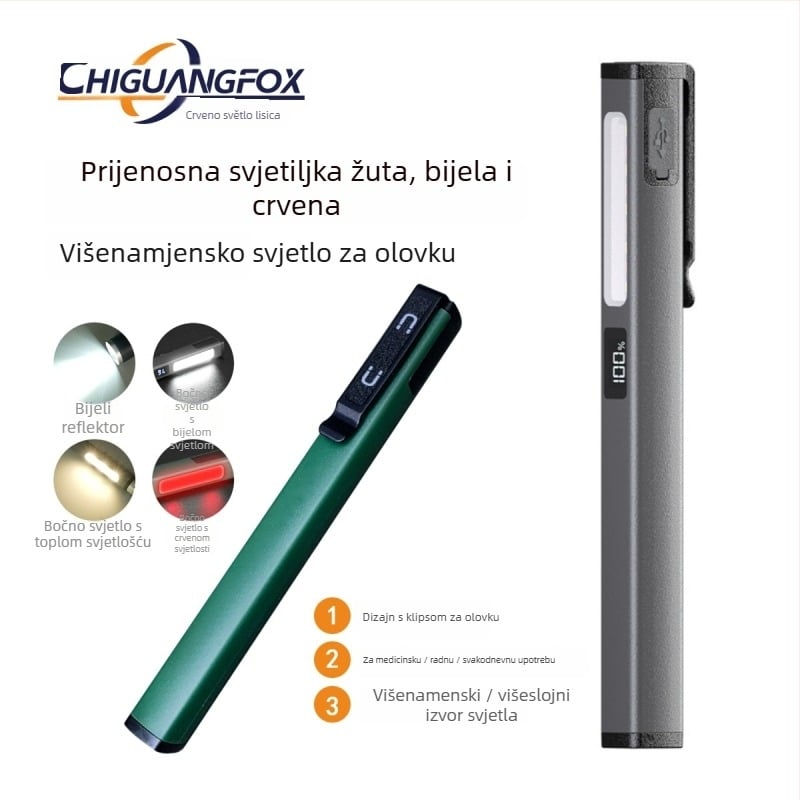 LED pero-oblika radna svjetiljka s USB punjenjem, magnetska baza i prikaz snage – 3W LED, 400mAh