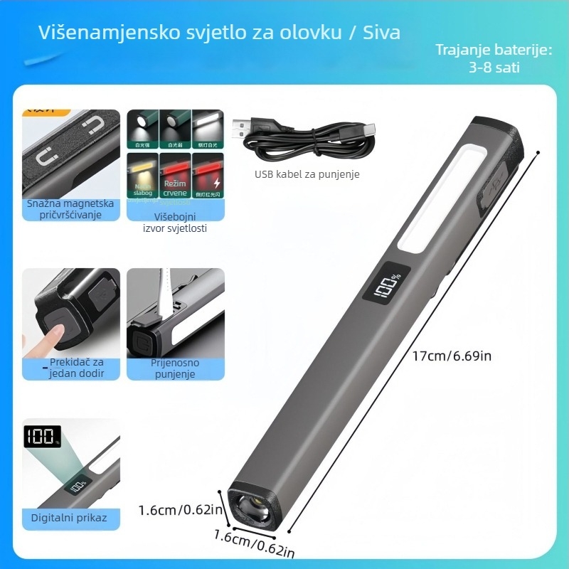 LED pero-oblika radna svjetiljka s USB punjenjem, magnetska baza i prikaz snage – 3W LED, 400mAh