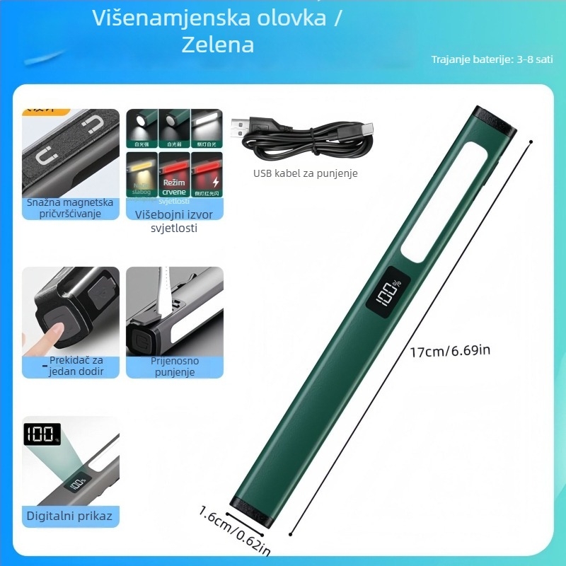 LED pero-oblika radna svjetiljka s USB punjenjem, magnetska baza i prikaz snage – 3W LED, 400mAh