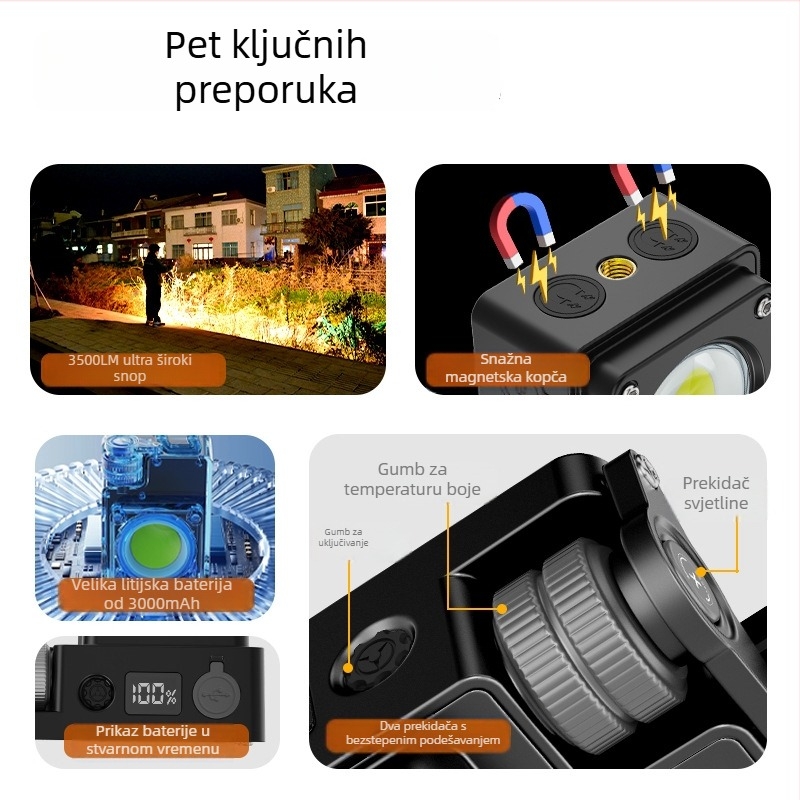 LED kamping svjetlo s USB punjenjem, aluminijsko legura tijela, COB LED, 360° rotacija, baterija 3000mAh