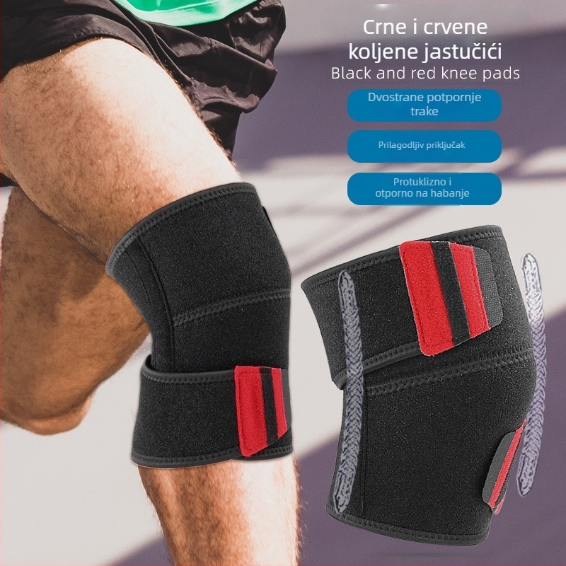 Sportski koljeni štitnici – samoljepljivi, mekani apsorberi udara, s Velcro trakom; glavni materijali: OK tkanina u kompozitu sa spužvom, spandeks, potporna traka, Velcro; za odrasle; pogodnih za badminton, odbojku, košarku