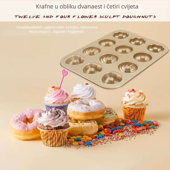 Kalupi za kolače i donute s motivom trojcvjetnog cvijeta, 6 i 9 pretinica, karbonsko čelika, zlatne boje, 28×16×3 cm