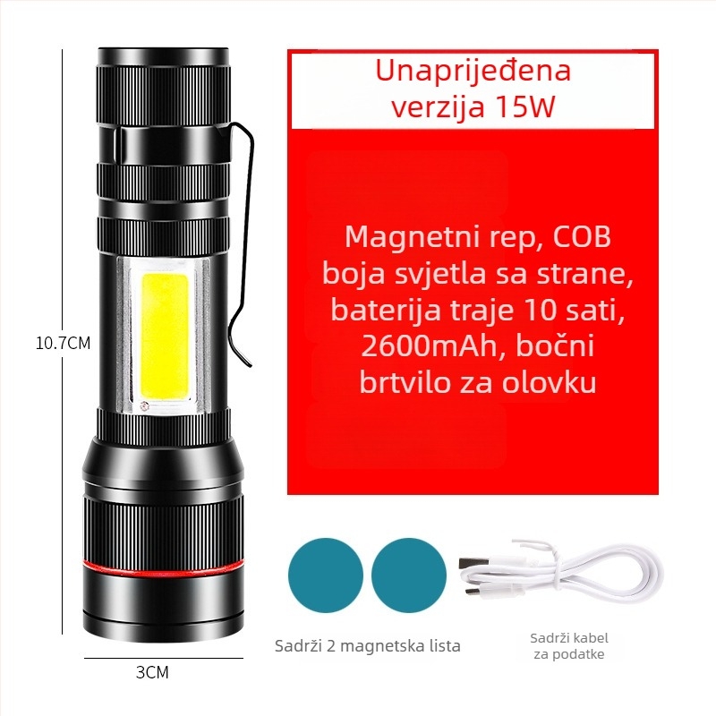 Ručna svjetiljka s jakim magnetskim radnim osvjetljenjem, LED 3W, kapacitet 1200 mA, domet 100 m, punjiva