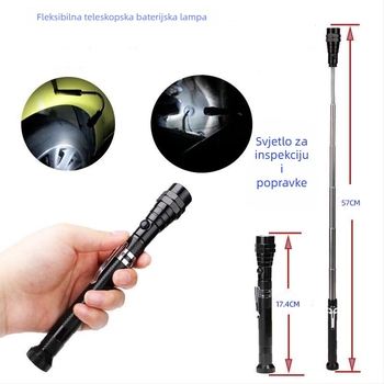 Magnetska zakrivljena teleskopska LED svjetiljka, aluminijska legura, 3 LED, napajanje baterijom, 360° rotacija