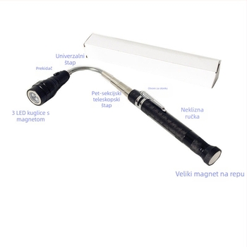 Magnetska zakrivljena teleskopska LED svjetiljka, aluminijska legura, 3 LED, napajanje baterijom, 360° rotacija