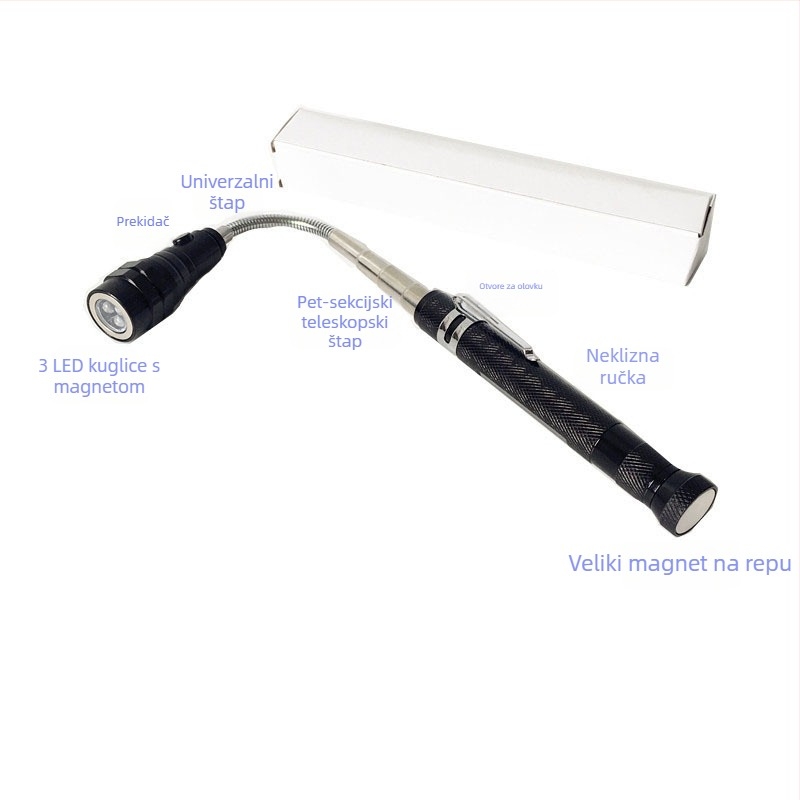 Magnetska zakrivljena teleskopska LED svjetiljka, aluminijska legura, 3 LED, napajanje baterijom, 360° rotacija
