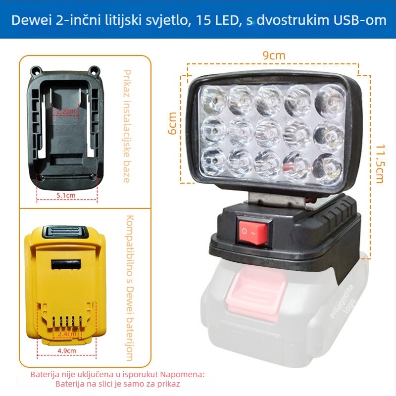 LED radna svjetiljka kompatibilna s Dewalt litijskom baterijom, s dualnim USB-om za nužno prijenosno osvjetljenje