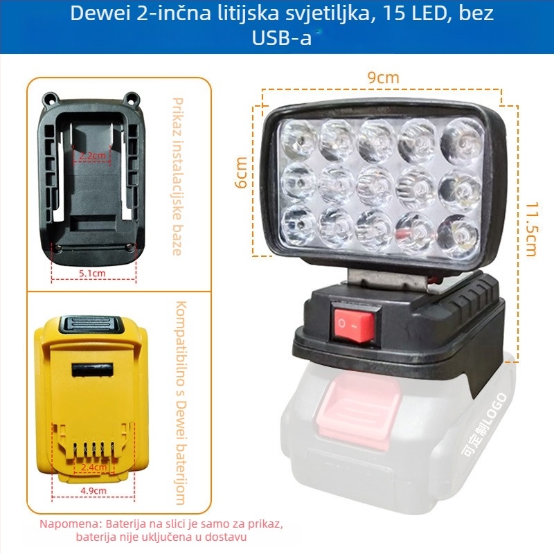 LED radna svjetiljka kompatibilna s Dewalt litijskom baterijom, s dualnim USB-om za nužno prijenosno osvjetljenje