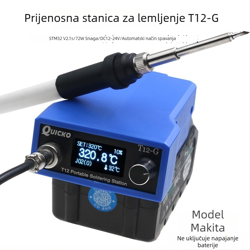 Prijenosno T12 električno lemilo s litijskom baterijom za elektroničke uređaje; Marka quicko; Materijal keramički grijač; Ulazno napajanje: 12V; Izvor napajanja: baterija; Svrha: zavarivanje elektroničkih uređaja