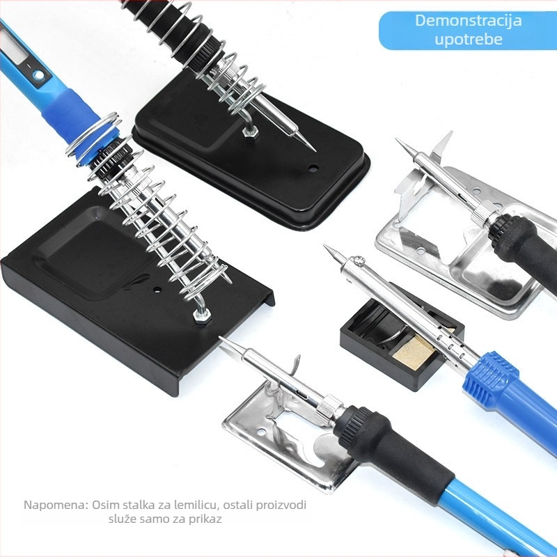 Stalak za lemilicu od nehrđajućeg čelika s nosačima tipa Y i tipa A; unutarnji žljeb 8–20 mm; dubina žljeba 5 mm; pogodno za električne lemilice.