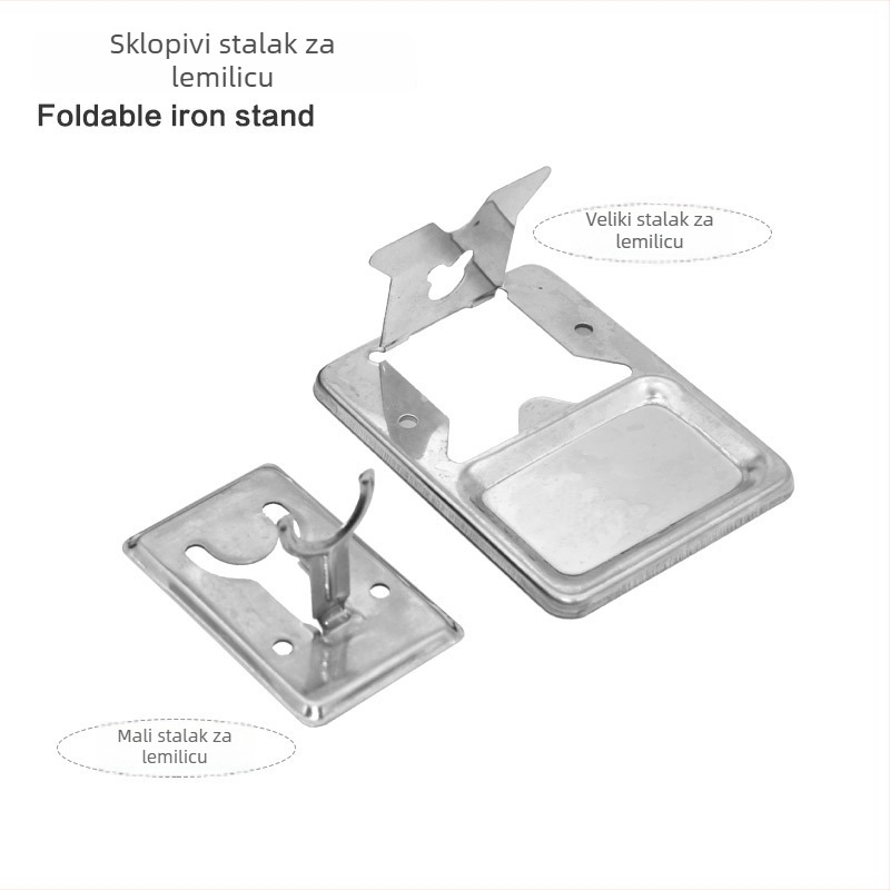 Stalak za lemilicu od nehrđajućeg čelika s nosačima tipa Y i tipa A; unutarnji žljeb 8–20 mm; dubina žljeba 5 mm; pogodno za električne lemilice.