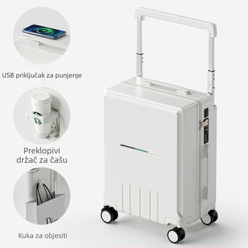 Kufor ABS materijala sa zipom, univerzalni kotači, antibakterijski, punjač i držač za telefon