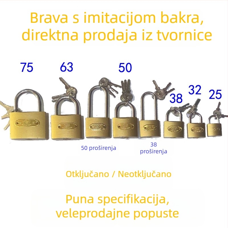 Kućni katanc, željezno tijelo, pocinčana površina, debeli dizajn, vodootporan i čvrst; modeli 20/25/32/38/50/63/75; pogodan za vrata prostorija, metalne i drvene vrata, ormariće i prtljagu