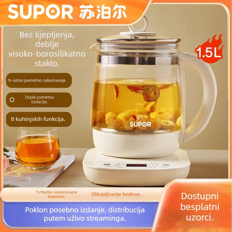 Supor zdravstveni lonac za kućnu upotrebu sa staklenim unutrašnjim spremnikom, model SW-15YJ33, kapacitet 1–1,5 L, 220V, 500–1000W