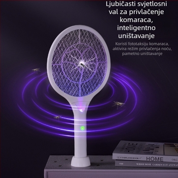 Električna lopatica za komarce, 2-u-1 UV/LED svjetlo, punjiva, vrijeme punjenja 1–3 h, 0–90° prilagodljivo, pogodna za 41–60 m²