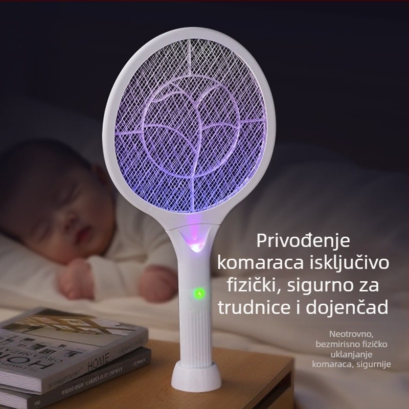 Električna lopatica za komarce, 2-u-1 UV/LED svjetlo, punjiva, vrijeme punjenja 1–3 h, 0–90° prilagodljivo, pogodna za 41–60 m²