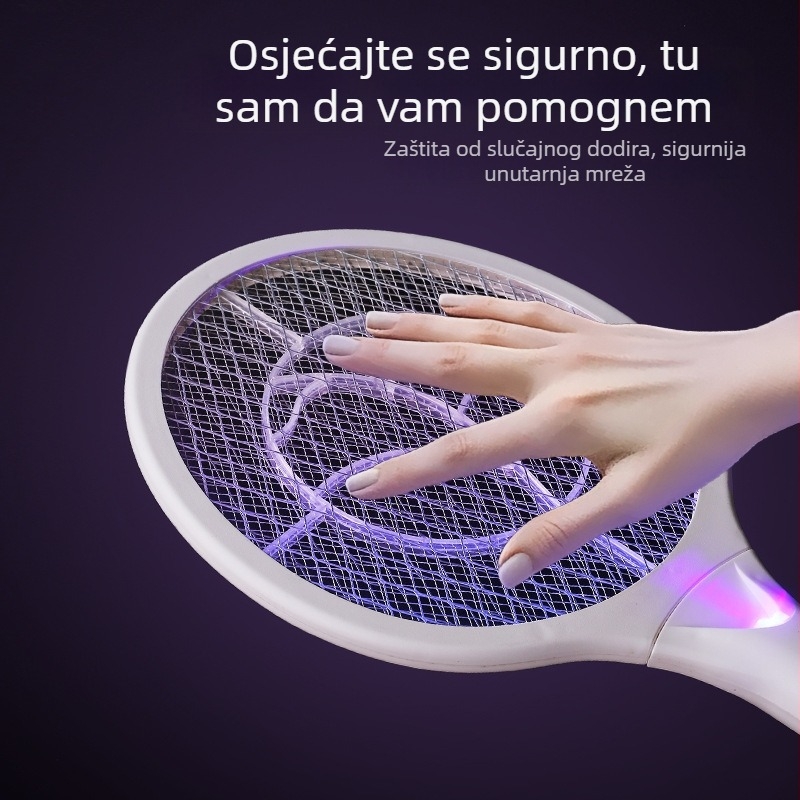 Električna lopatica za komarce, 2-u-1 UV/LED svjetlo, punjiva, vrijeme punjenja 1–3 h, 0–90° prilagodljivo, pogodna za 41–60 m²