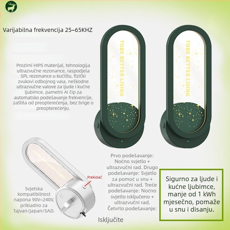 Ultrazvučni repelent protiv komaraca za majke i bebe uz noćnu lampicu — Model Ts-28, cilindrična svjetiljka, 240V