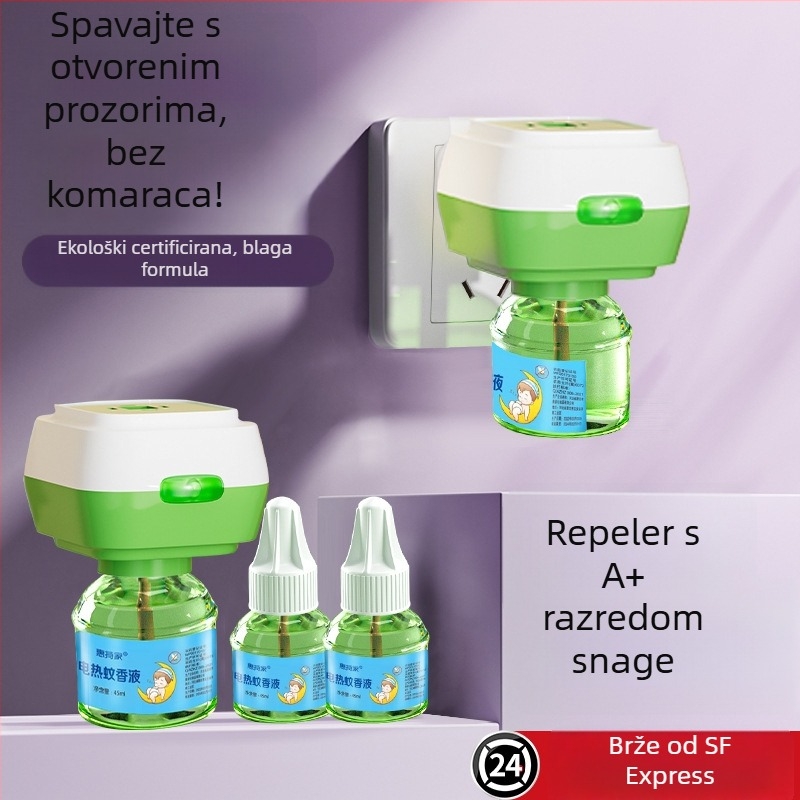 Tekući repelent protiv komaraca za bebe i obitelj – bez mirisa, siguran za trudnice; za kućne električne uređaje protiv komaraca. Model: boca; Pesticidni registracijski broj WP20180059; Toksicitet: mikrotoksičan