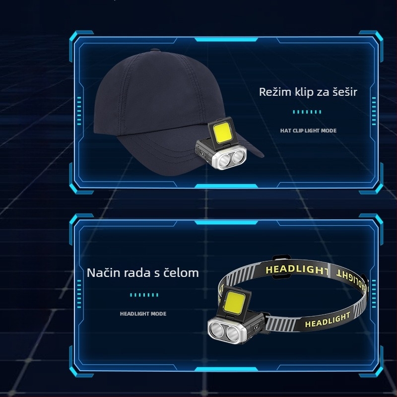 LED čelna svjetiljka s kopčom za šešir, prijenosna, 5W, baterija 900mAh, USB punjenje, zraka do 100–200m, za noćni ribolov, vožnju biciklom, trčanje i planinarenje