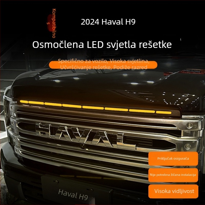 Prednja rešetka s integriranim LED dnevnim svjetlima za Haval H9 – konstrukcija od silikonskog premaza i gume, 220W, model 001, prilagodljiva