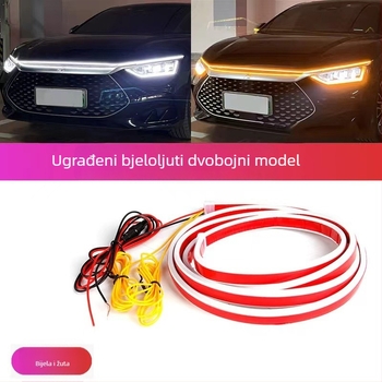 Automobilska dnevna svjetla s dvobojnim bijelo-žutim dinamičnim skeniranjem, LED vodilna traka za haubu i pokazivač (12V, 15W, 0.2A) — silikon + LED