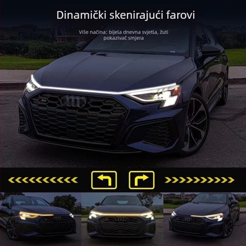 Automobilska dnevna svjetla s dvobojnim bijelo-žutim dinamičnim skeniranjem, LED vodilna traka za haubu i pokazivač (12V, 15W, 0.2A) — silikon + LED
