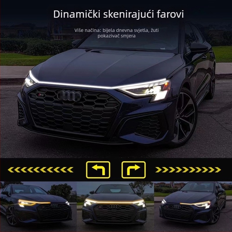 Automobilska dnevna svjetla s dvobojnim bijelo-žutim dinamičnim skeniranjem, LED vodilna traka za haubu i pokazivač (12V, 15W, 0.2A) — silikon + LED