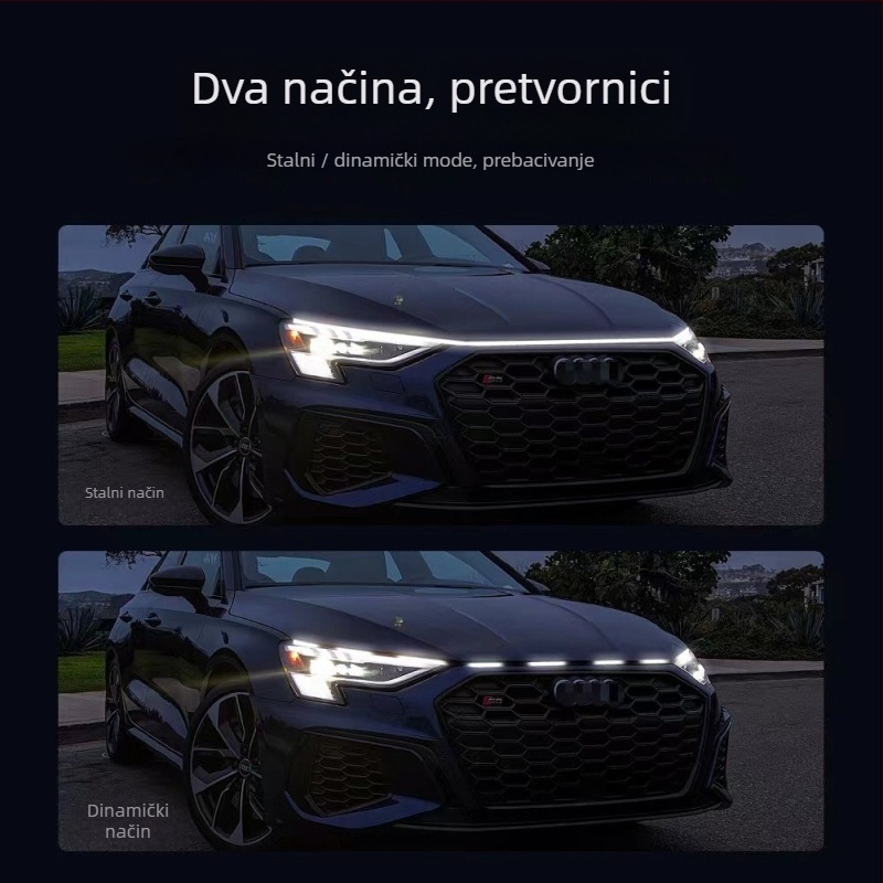 Automobilska dnevna svjetla s dvobojnim bijelo-žutim dinamičnim skeniranjem, LED vodilna traka za haubu i pokazivač (12V, 15W, 0.2A) — silikon + LED