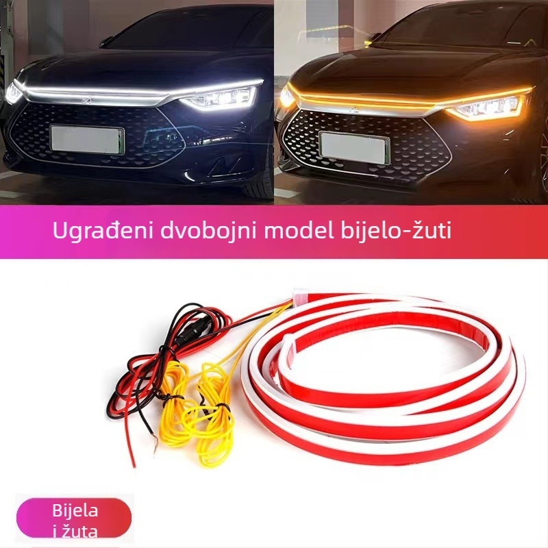 Automobilska dnevna svjetla s dvobojnim bijelo-žutim dinamičnim skeniranjem, LED vodilna traka za haubu i pokazivač (12V, 15W, 0.2A) — silikon + LED